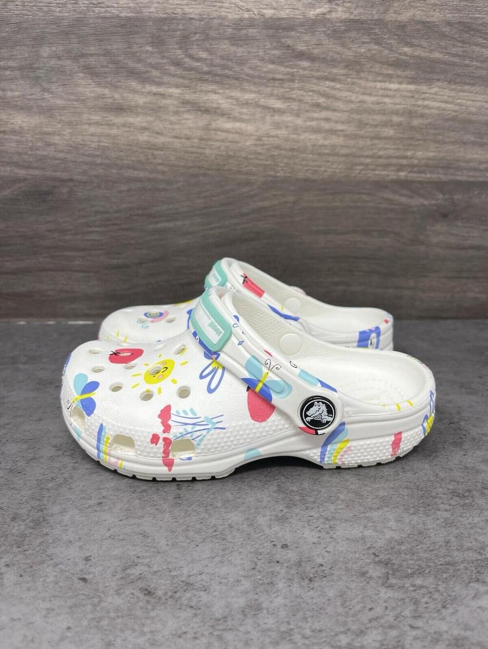 Crocs Classic Clogs Kids Size 11c Toddler Doodle Print White Multicolor